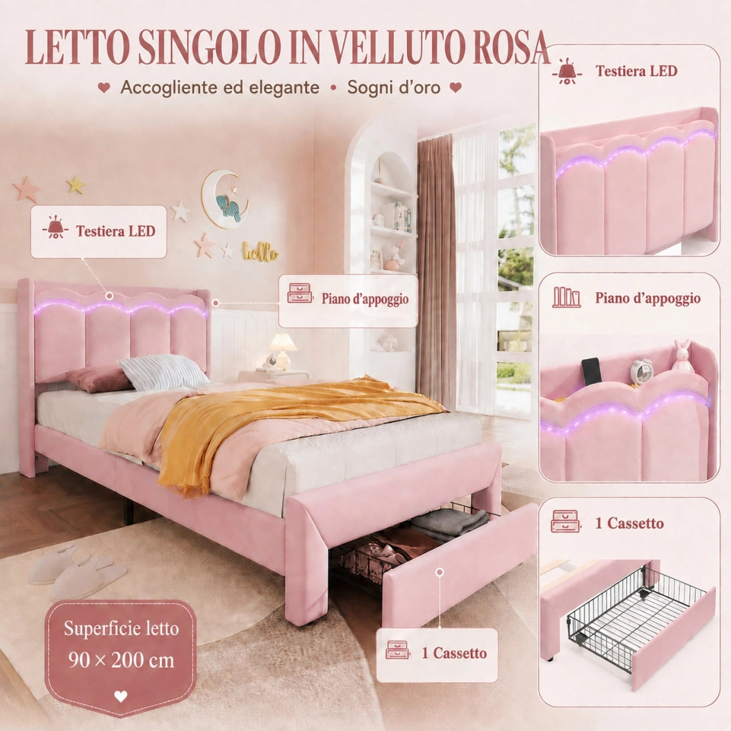 Letto imbottito per bambini 90x200 cm con cassetto e LED; velluto rosa