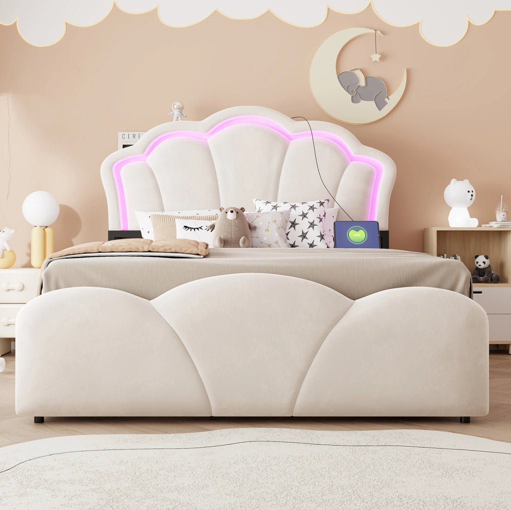 Letto imbottito ULEVR 140x200 cm con contenitore idraulico, LED, prese integrate e vani testiera, beige