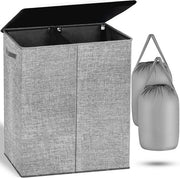 Doppio Cestello con Sacchetti Lavaggio Rimovibili e Coperchio - 2 Compartimenti - Grande Cestello per Abbigliamento Leggero e Scuro - Lavatrice Pieghevole - Contenitore di Stoccaggio Grigio - 145L Lavastoviglie