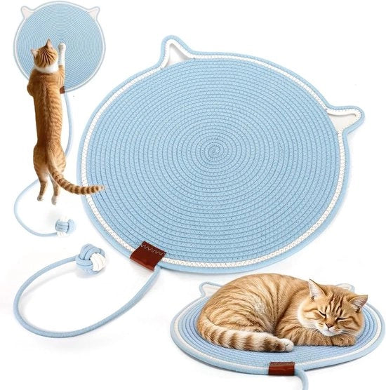 Tappeto in sisal migliorato e ingrandito Krabplank 50 cm con pallina di cotone giocattolo e disegno orecchio gatto per gatto arrampicatore per parete (blu)