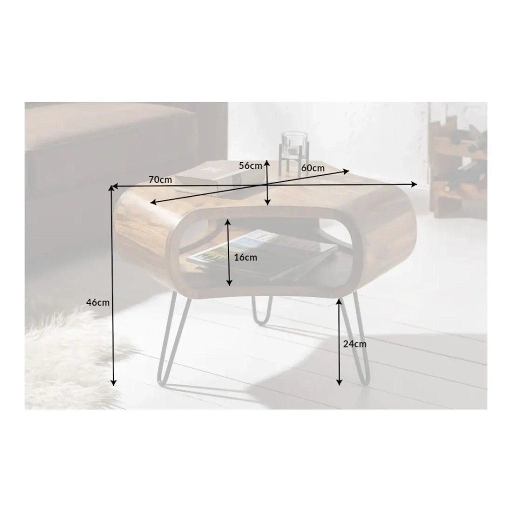 Tavolino basso NERA 70 cm in legno massiccio di Sheesham con nicchia e piedi in metallo nero – stile retro industriale