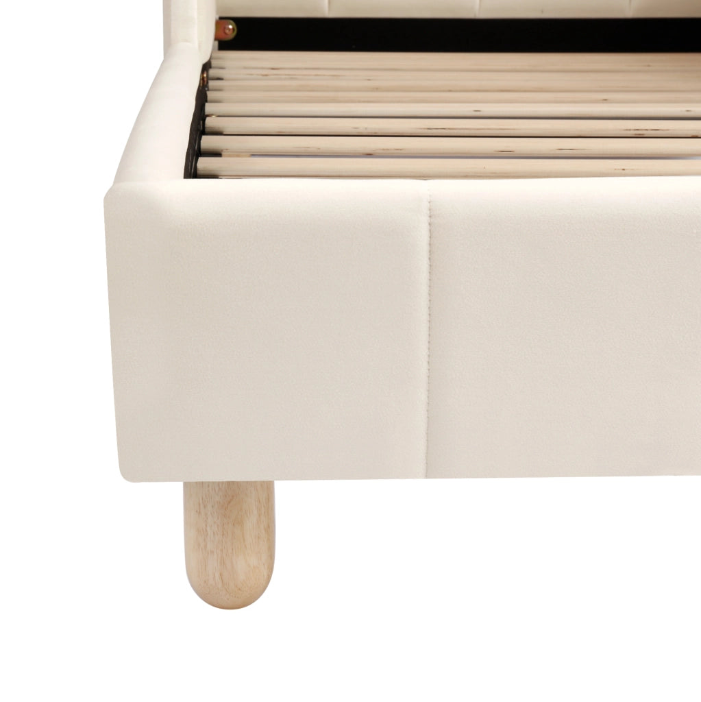 Letto per bambini imbottito in velluto beige con testiera ergonomica e tasche laterali