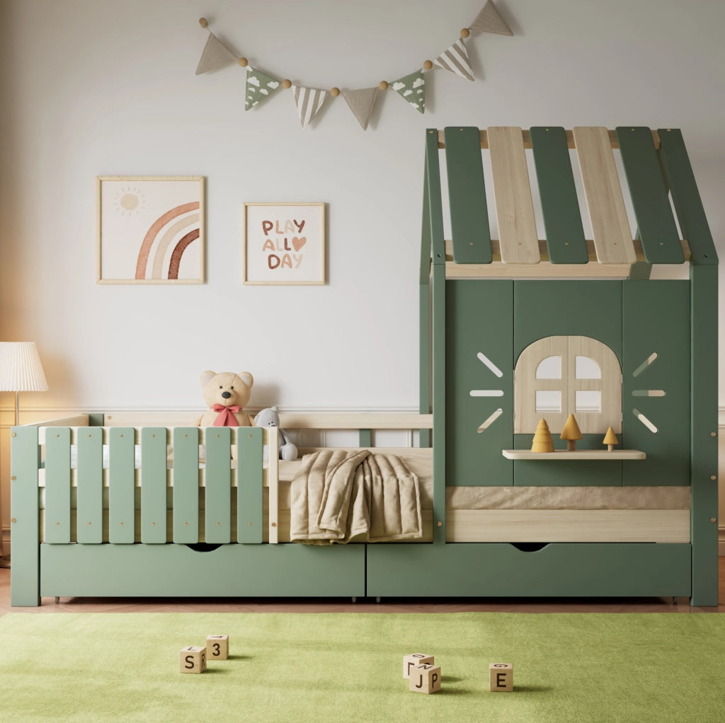 Letto a casetta per bambini verde naturale 90x200 cm
