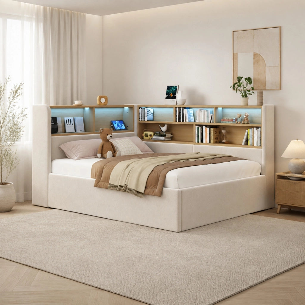 Letto a baldacchino 90x200 cm con contenitore idraulico, testiera con LED, USB-C e tessuto effetto velluto beige