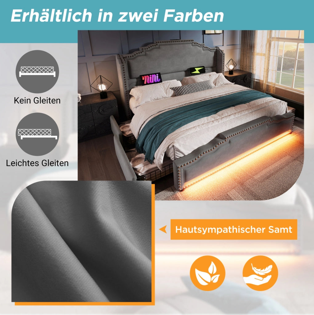 Letto matrimoniale 180x200 cm con LED, USB-C e 4 cassetti