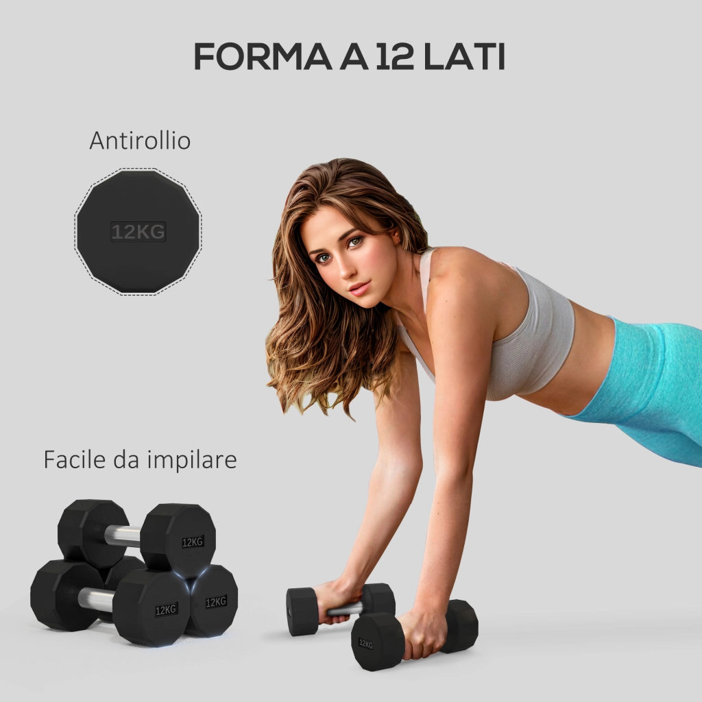 Set Manubri 12 Lati 12 kg ¨C zephmum ¨C Metallo e Gomma Nero 26x14x14 cm