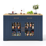 Isola da Cucina Mobile 120x40/65x92 cm Blu e Legno con Piano Ribaltabile, 2 Prese, 2 USB e Ruote