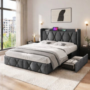 Letto contenitore matrimoniale 140x200 cm in lino grigio con 4 cassetti; prese e USB