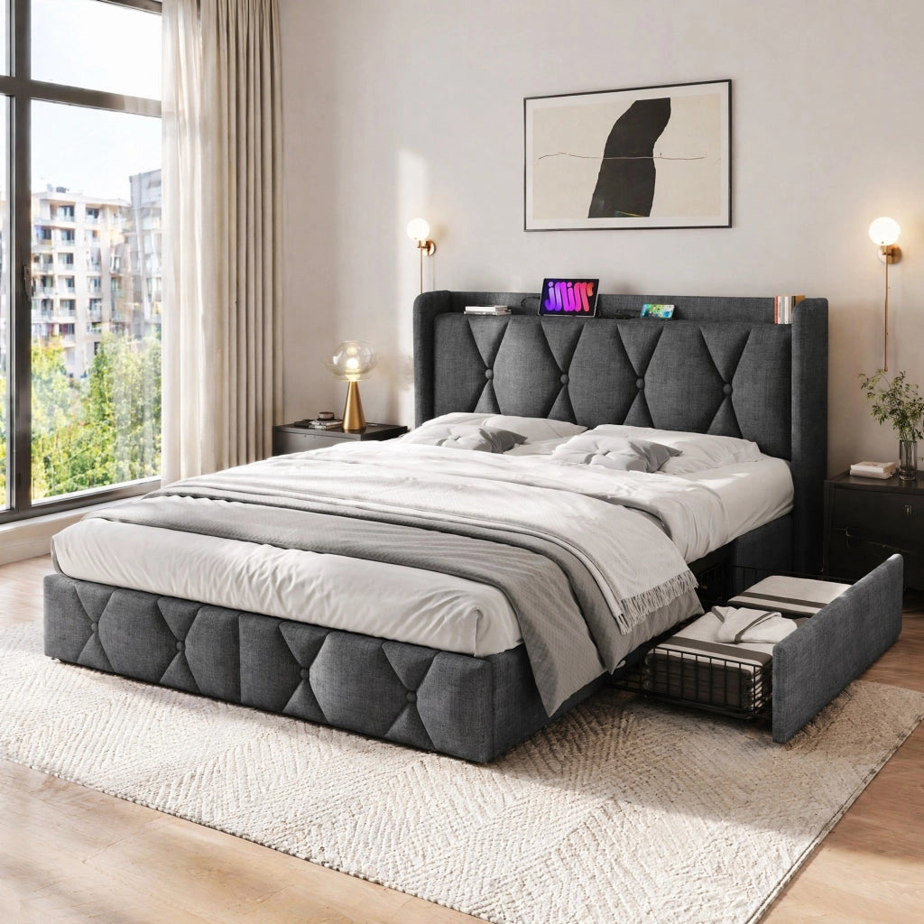 Letto contenitore matrimoniale 140x200 cm in lino grigio con 4 cassetti; prese e USB