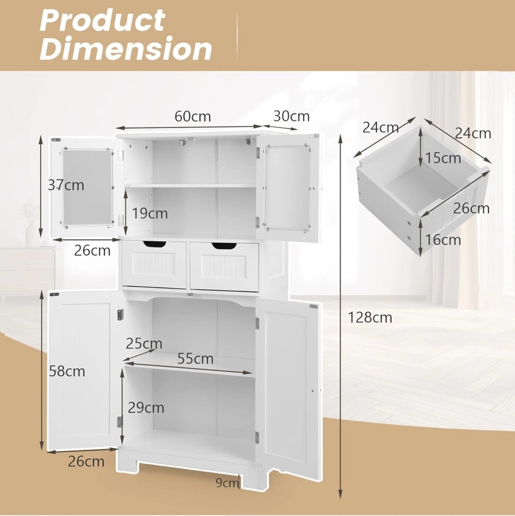 Mobile Bagno con 4 Ante + 2 Cassetti, Armadietto Multifunzione Salvaspazio 60x30x128cm, Design Modulare per Casa, Toilette e Cucina, 2 Colori Scelta & Facile Pulizia