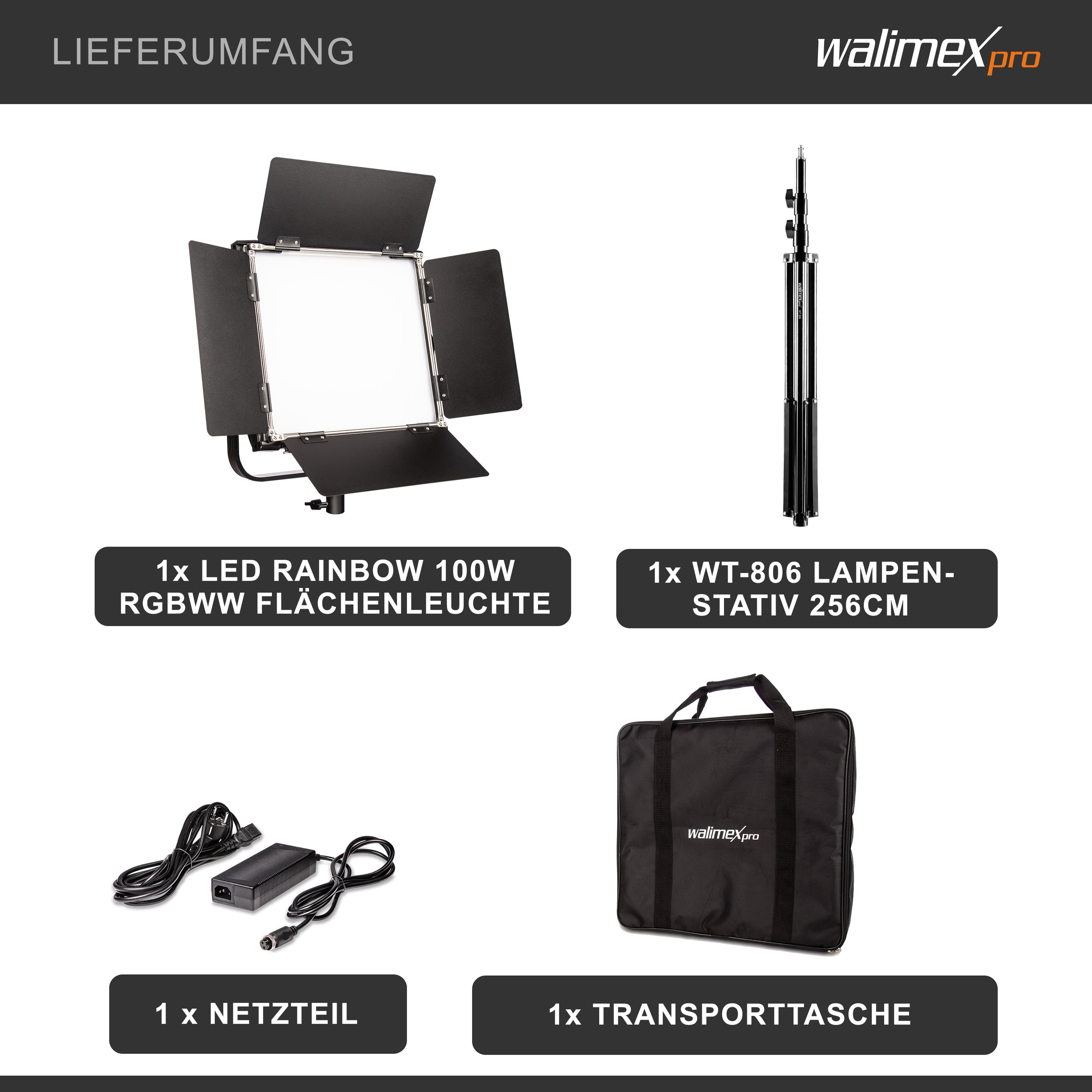 Rainbow Set Pannello LED fotografia 100W e cavalletto fotografico - Luce fotografica da studio con cambio colore RGBWW, illuminazione controllo tramite app, luce video bicolore