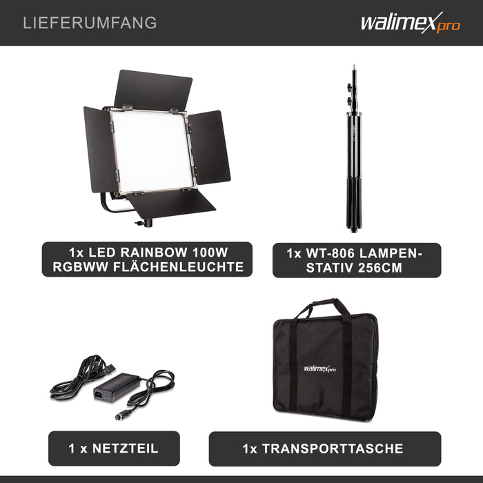 Rainbow Set Pannello LED fotografia 100W e cavalletto fotografico - Luce fotografica da studio con cambio colore RGBWW, illuminazione controllo tramite app, luce video bicolore