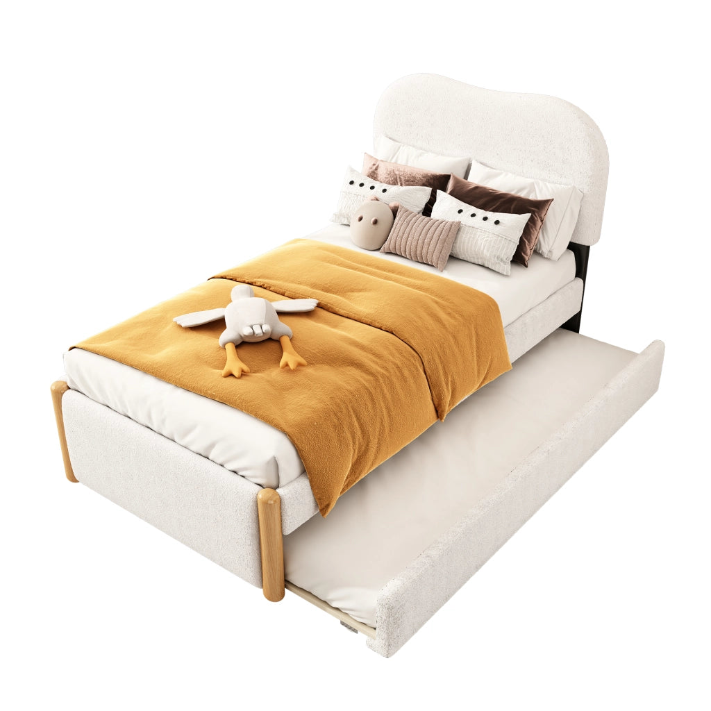 OKWISH Letto estraibile 90×200 cm, Letto Singolo con Letto Secondario Estraibile e Testiera Imbottita, senza Materasso, Bianco
