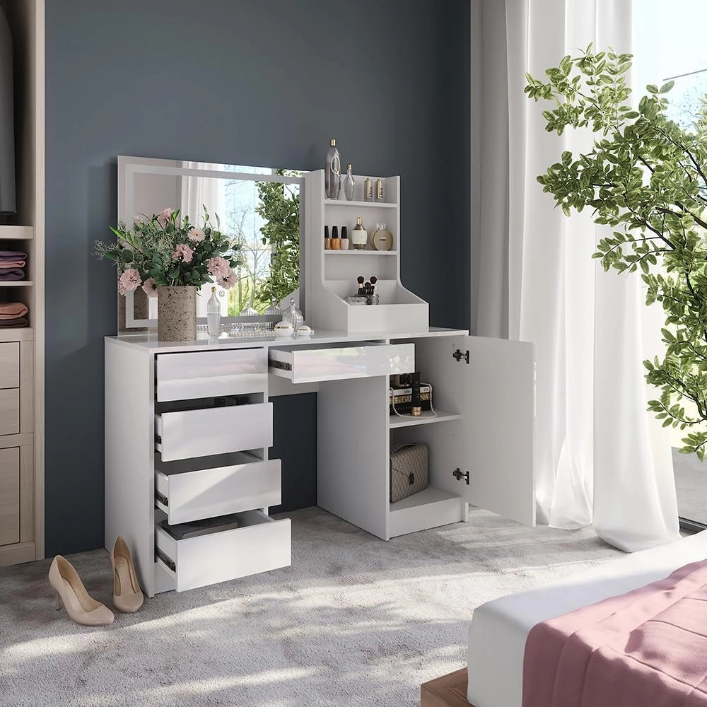Tavolo da toeletta Sherry, Bianco/bianco lucido, 128.2 cm 4 parti