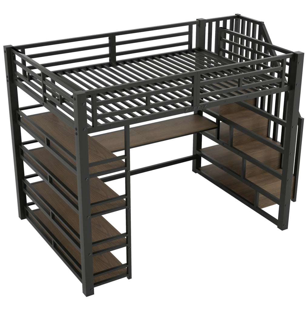 Letto a soppalco 140x200 cm in metallo con scrivania integrata; scaffali; LED e stazione di ricarica; nero