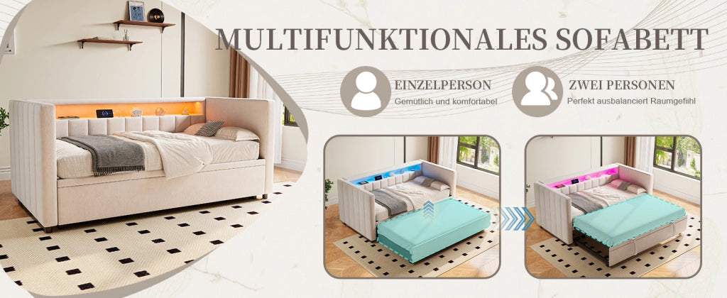 DESMIU Litto a scomparsa 90 × 190 cm 2 posti con USB-Type-C, LED regolabile e vano, senza materasso, in velluto beige