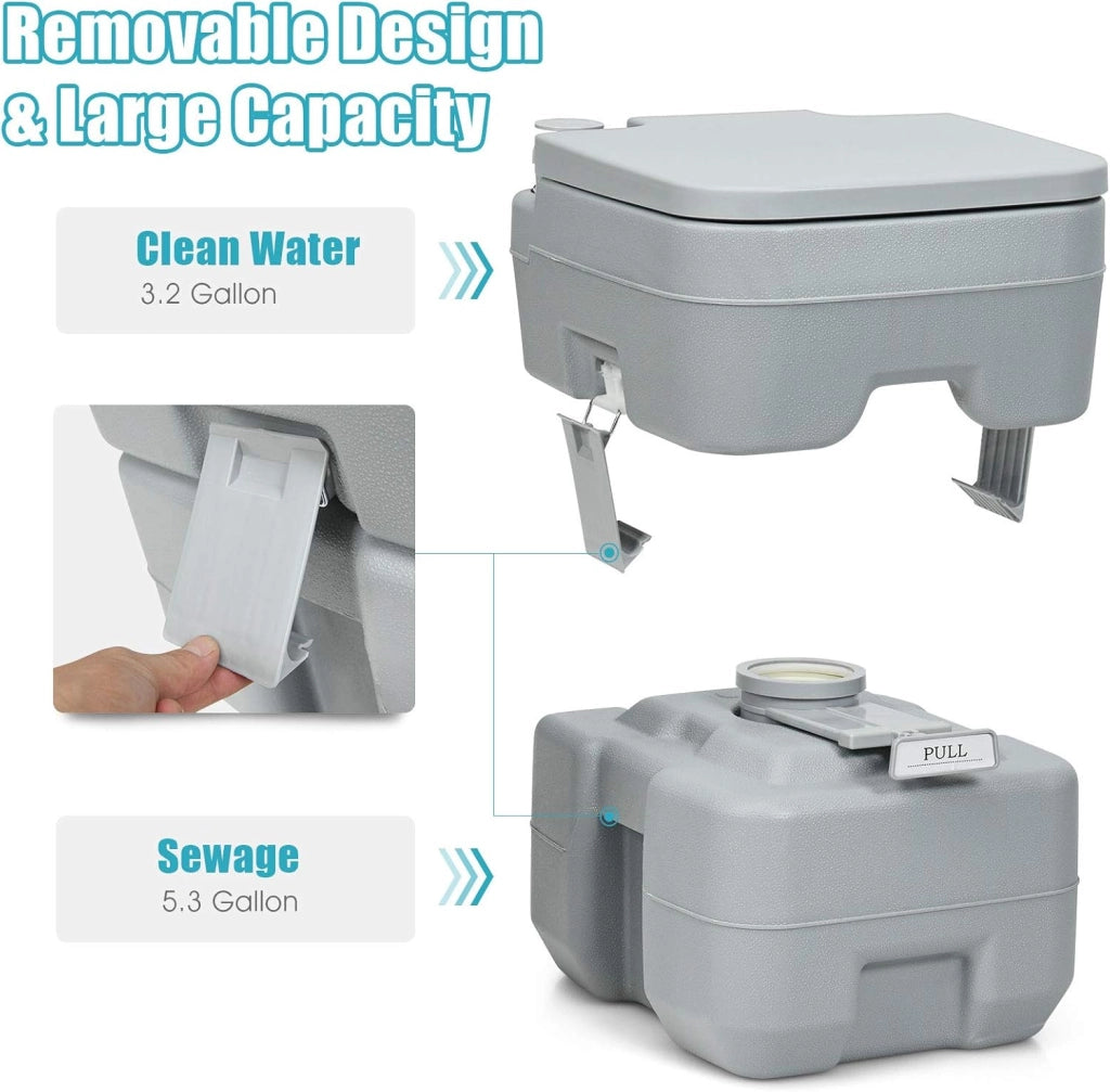 GIANTEX WC portatile da campeggio con serbatoio d'acqua dolce 12 litri e serbatoio dell'acqua di scarico 20 l, smontabile, interno ed esterno per campeggio pesca viaggio barca (grigio)