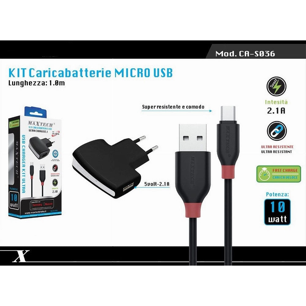 Trade Shop - Kit Caricabatteria Adattatore Di Ricarica Con Cavo Micro Usb 1mt Maxtech Ca-s036 -