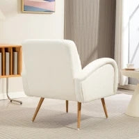 Poltrona imbottita con Rivestimento in Pile, Braccioli e Cuscino Lombare, Gambe in metallo, Bianco crema