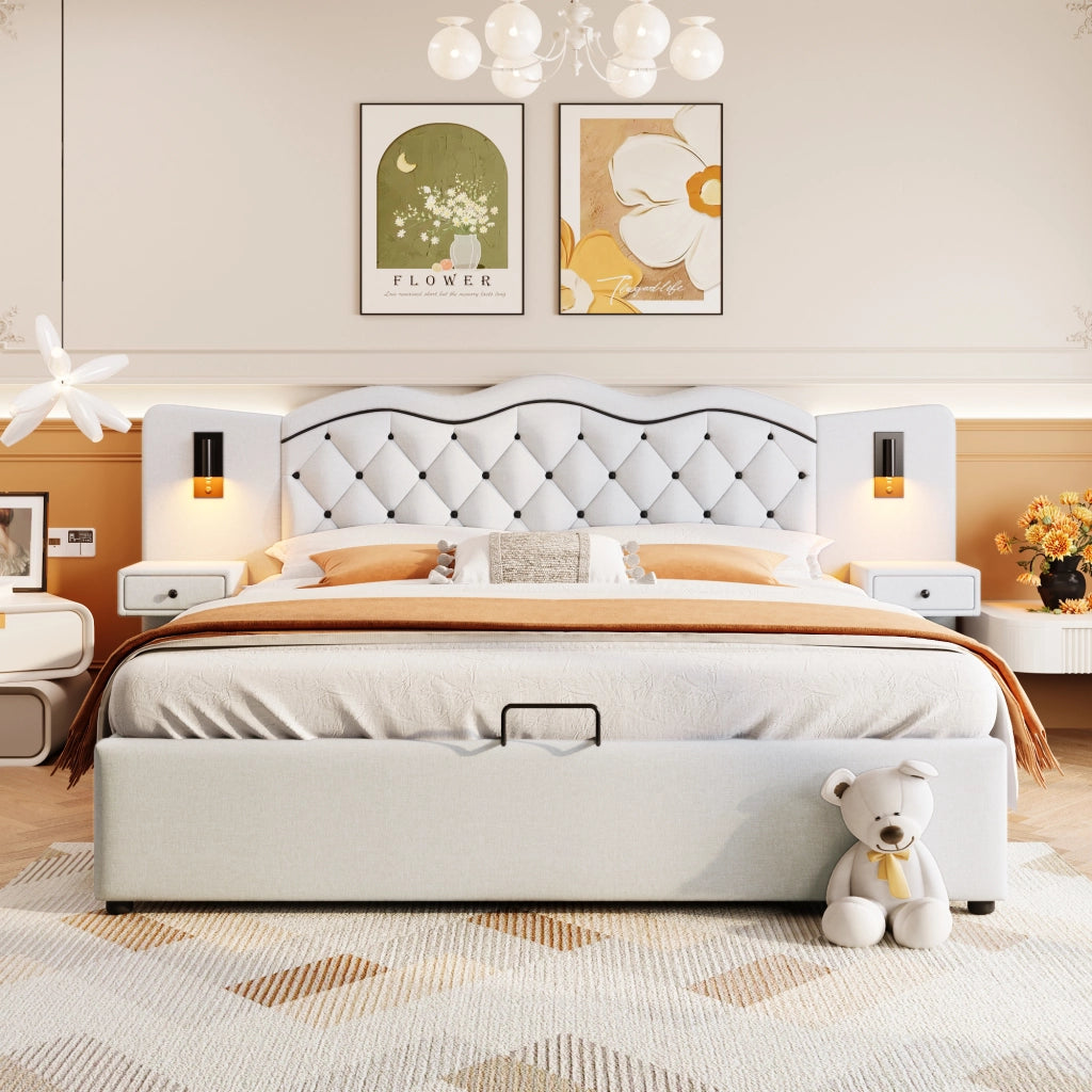 LETTO Imbottito 180x200 cm Beige in lino e MDF con testiera integrata