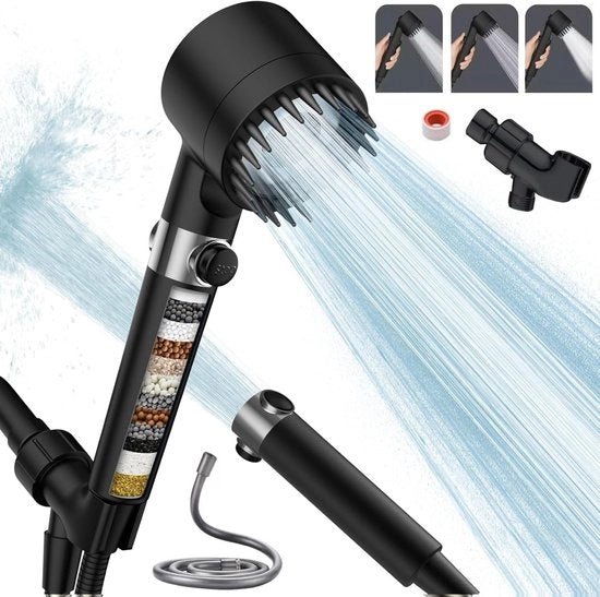Douchekop con filtro per acqua dura, con filtrazione a 15 trappole, douchekop risparmiatore d'acqua e tubo da 1,5 m, 4 tipi di getto, Douchekop per doccia con acqua dura alta pressione, elimina cloro residuo nero