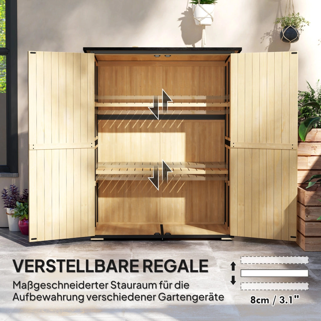 Armadio da giardino in legno e acciaio con tetto in asfalto ¨C zephmum ¨C 2 ripiani, porte bloccabili, colore naturale