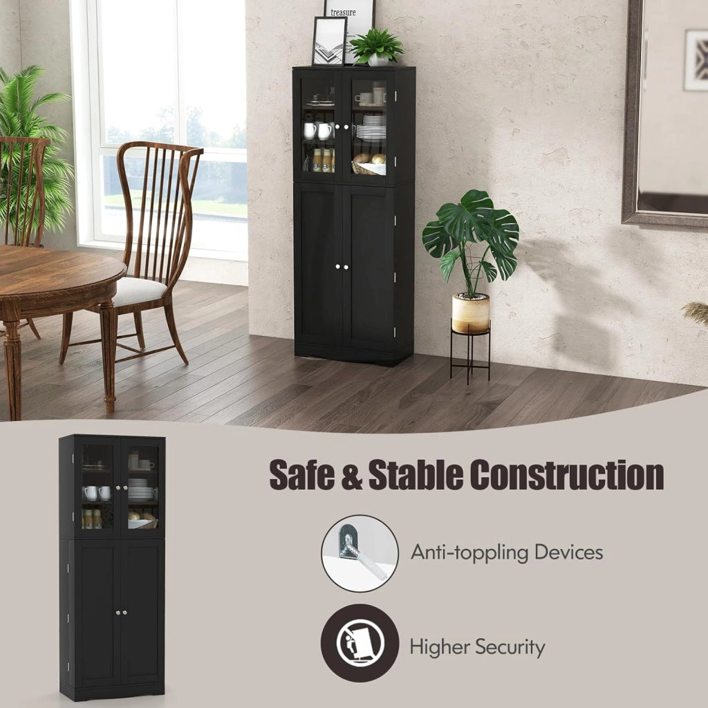 Credenza da Cucina con Anta Multi-Stoccaggio, Mobile Cucina Dispensa con Dispositivo Antiribaltamento, Armadio di Stoccaggio, 60 x 31,5 x 161,5 cm, per Soggiorno, Sala da Pranzo (Nero)
