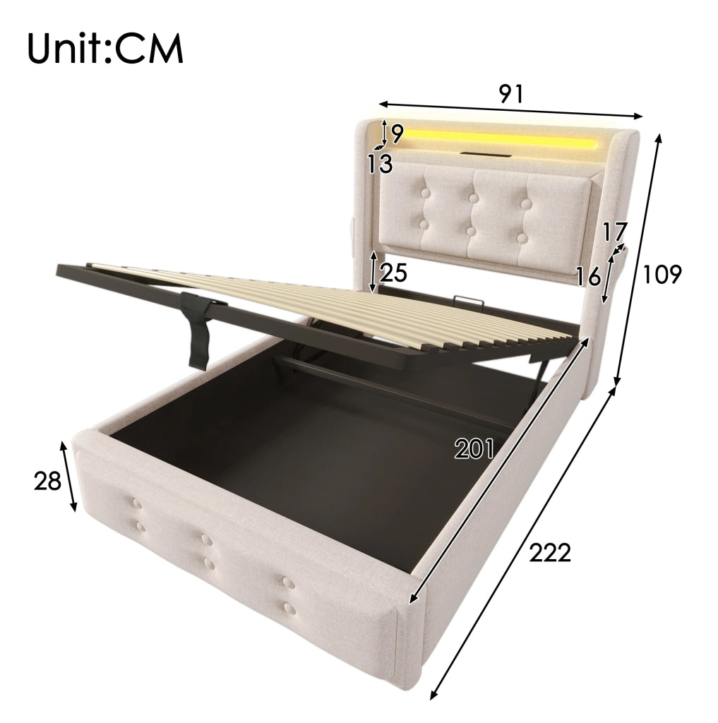 Letto imbottito 90x200 con testiera LED, prese USB e contenitore