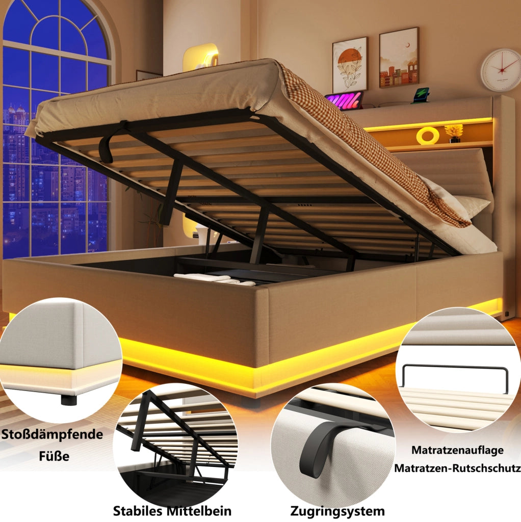 Letto imbottito 140x200 cm con LED, USB/Type-C e contenitore