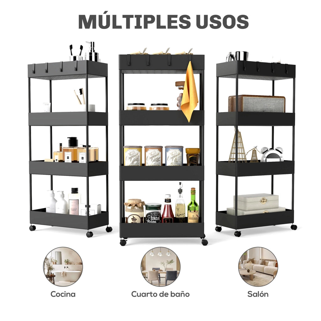 Carrello da Cucina 4 Ripiani ¨C Xylo ¨C con Ruote e 4 Cestini Estraibili Nero 40x19x90 cm
