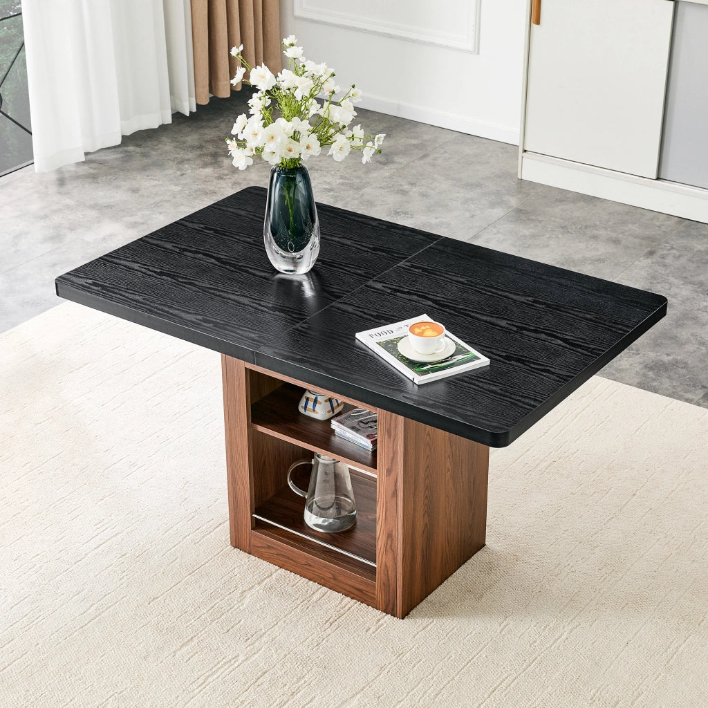 Tavolo allungabile con ripiano a 2 livelli, piano effetto legno nero e base noce, per sala da pranzo, in MDF, nero