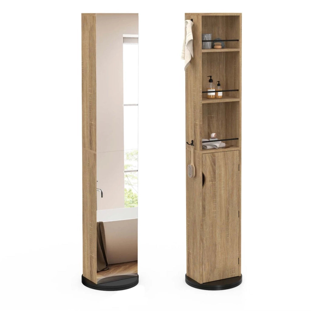 IDMarket - Mueble de baño giratorio con espejo, armario y estantes en haya y negro