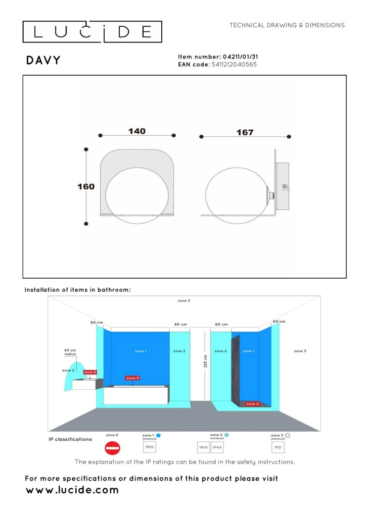 Applique bagno DAVY 1xG9 bianca vetro sferico IP44 Lucide