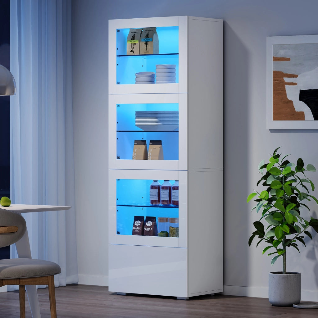 Vetrina con LED, 3 ante in acrilico, 1 cassetto e 6 vani, per soggiorno, in MDF e vetro, bianco, 60 × 40 × 173 cm