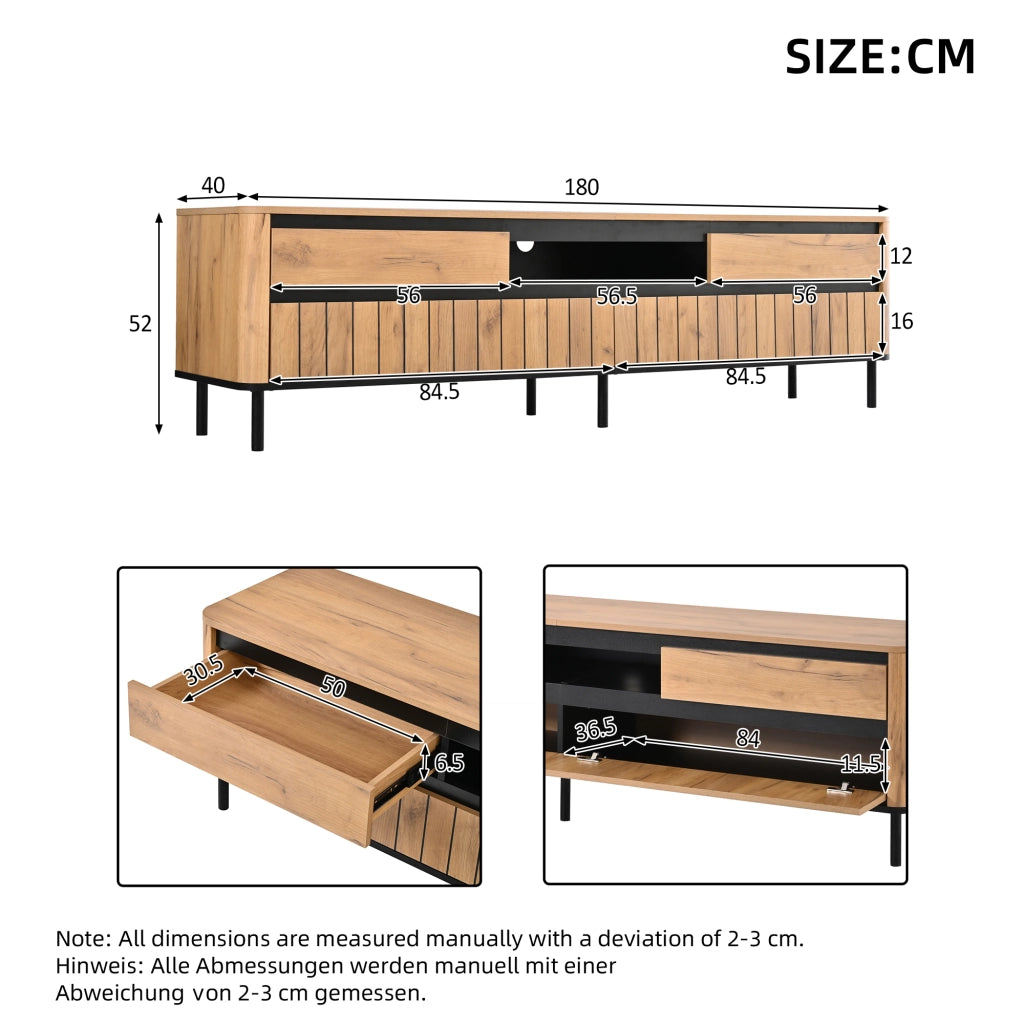 Mobile porta TV con 2 cassetti, 2 ante e passacavi, per soggiorno, in MDF e metallo, nero e naturale, 180 × 40 × 52 cm