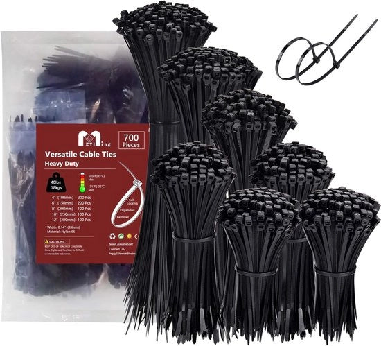 Set di Cavi e Fili - 700 Delig - Nero - Resistente ai Raggi UV - 300/250/200/150/100 mm x 3,6 mm - Cavi e Fili - Assortimento - Cavi e Fili in Plastica - Cavi e Fili Piccoli - Cinture di Trasporto