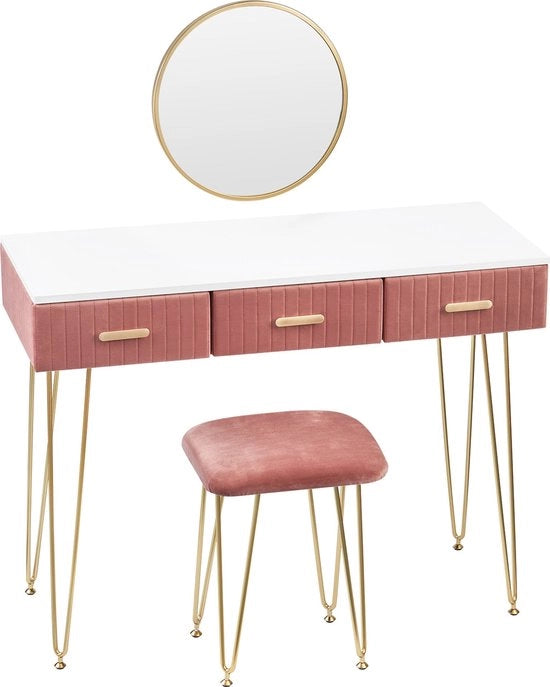 Tavolo da trucco con sgabello e specchio - Capitavolo, tavolo da bagno, tavolo da ufficio - Comodo, stabile e con molta spaziosità di stoccaggio - Rosa