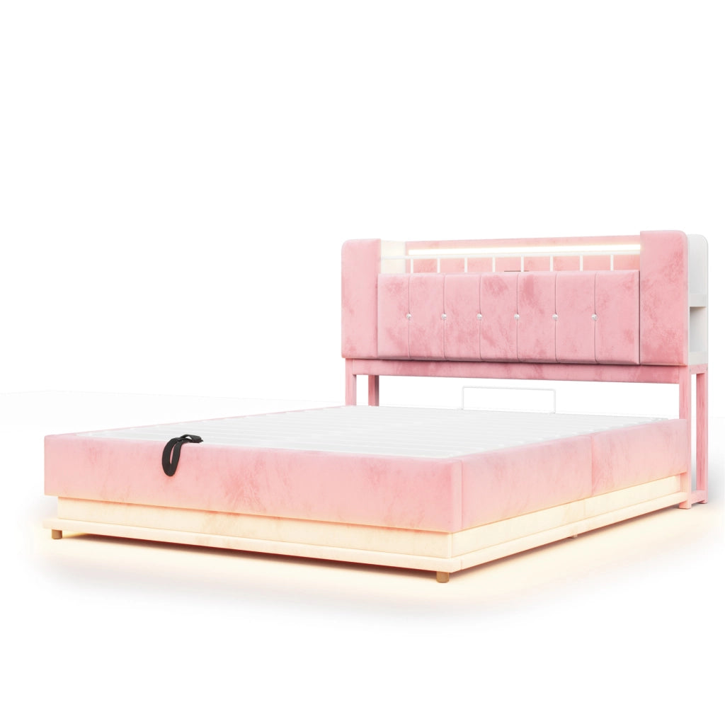 Letto imbottito 160x200 cm con LED; USB; contenitore idraulico e rivestimento in velluto rosa