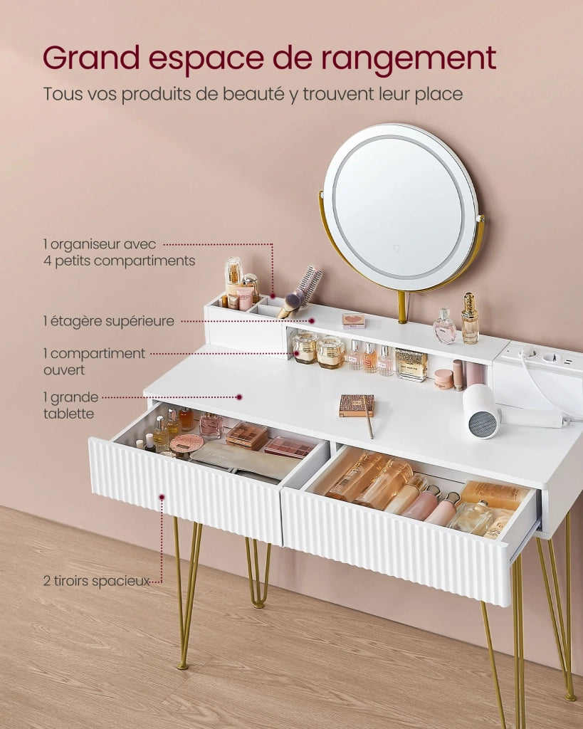 Tavolo da toeletta con specchio girevole e sgabello tavolo da toeletta con specchio illuminazione e ciabatta sgabello imbottito per camera da letto tavolo da toeletta 40 x 80 x 134,8 cm bianco 12_0005164