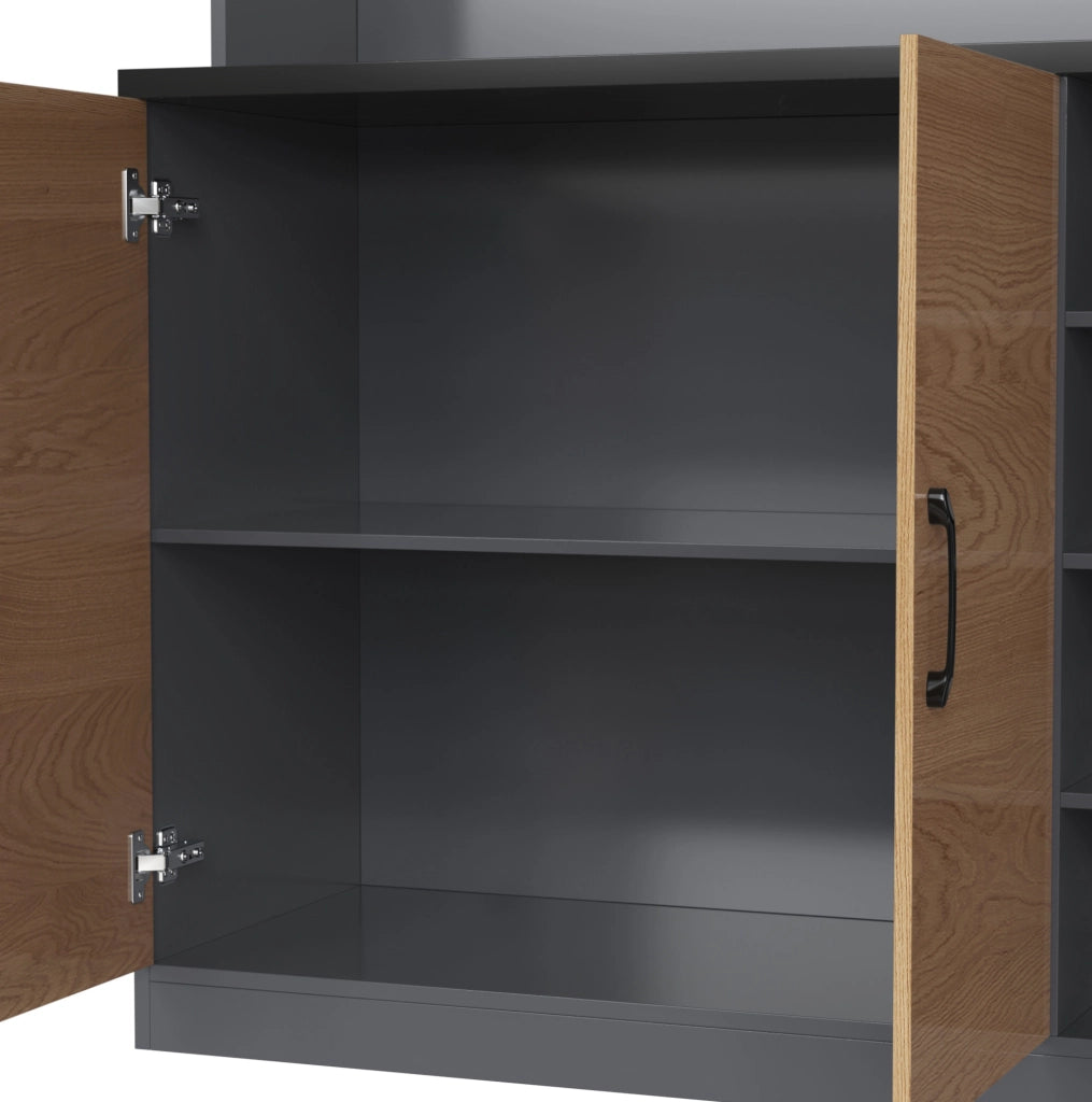 Credenza cucina 100x47x187 cm con LED e ripiani regolabili in MDF e vetro naturale e grigio
