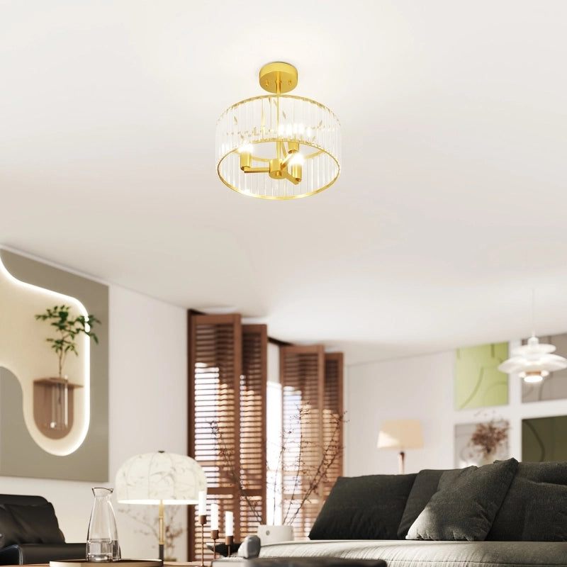 Lampada da soffitto, design a lampadario, paralume in cristallo, 3 lampadine, metallo, colore oro