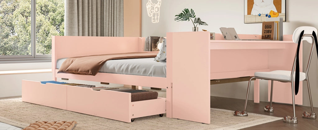DESMIU Letto combinato letto matrimoniale con scrivania, 2 cassetti e 3 mensole 140 × 200 cm, senza materasso, rosa