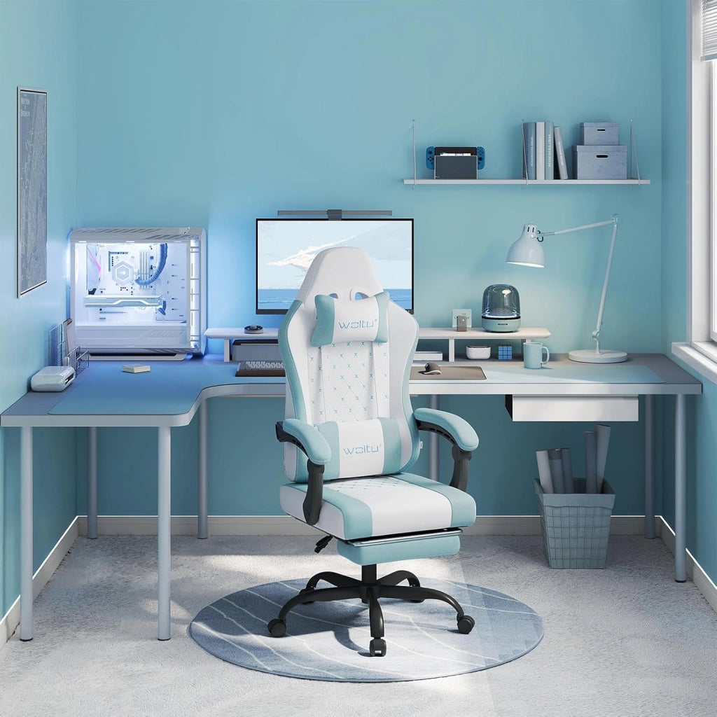 Sedia Gaming con Massaggio, Poltrona Ufficio Ergonomica, Ampia Sedia Girevole Imbottita per Computer con Cuscino Lombare Massaggiante, Carico 150 Kg, Tessuto a rete Bianco+Blu