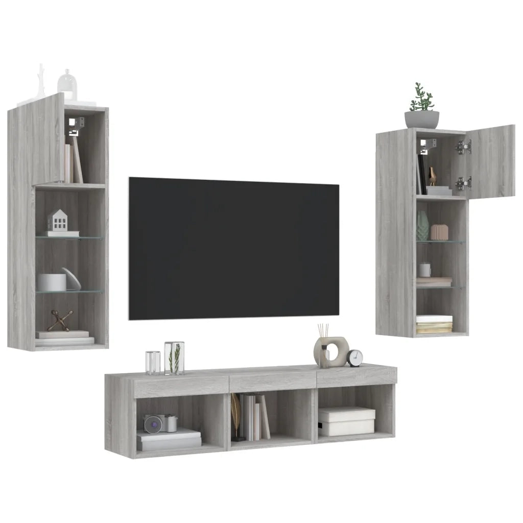 Mobili TV a Muro con LED 5pz Grigio Sonoma in Legno Multistrato 3216602