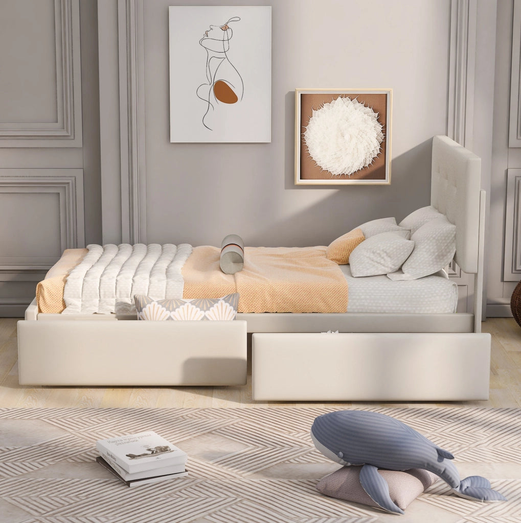 Letto imbottito 90x200 cm con rete a doghe e cassetto contenitore; velluto beige