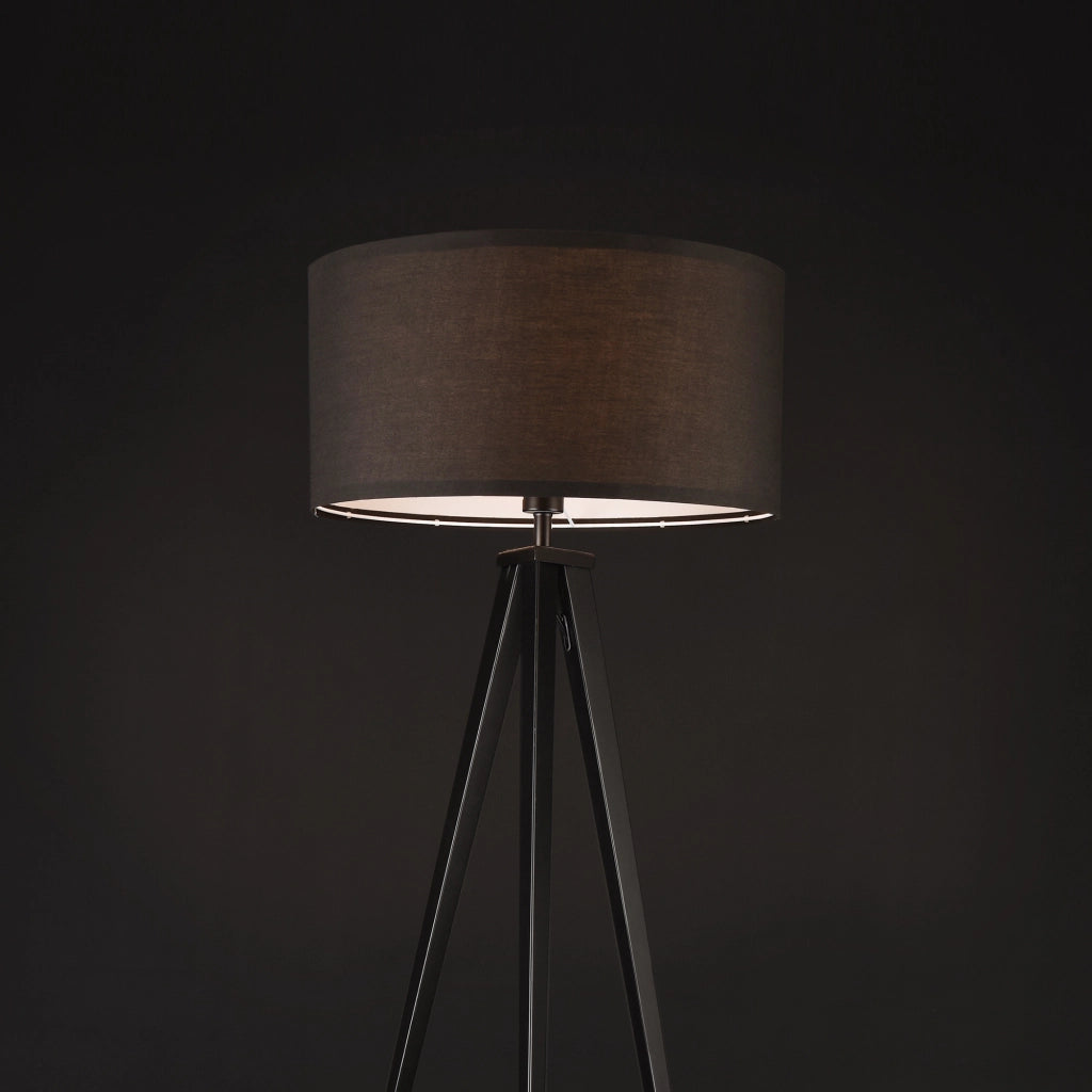 Lampada da Terra in Stile Treppiedi con Base in Metallo e Paralume Cilindrico in Tessuto E27 60W Piantana Tripode - Nero - lux.pro