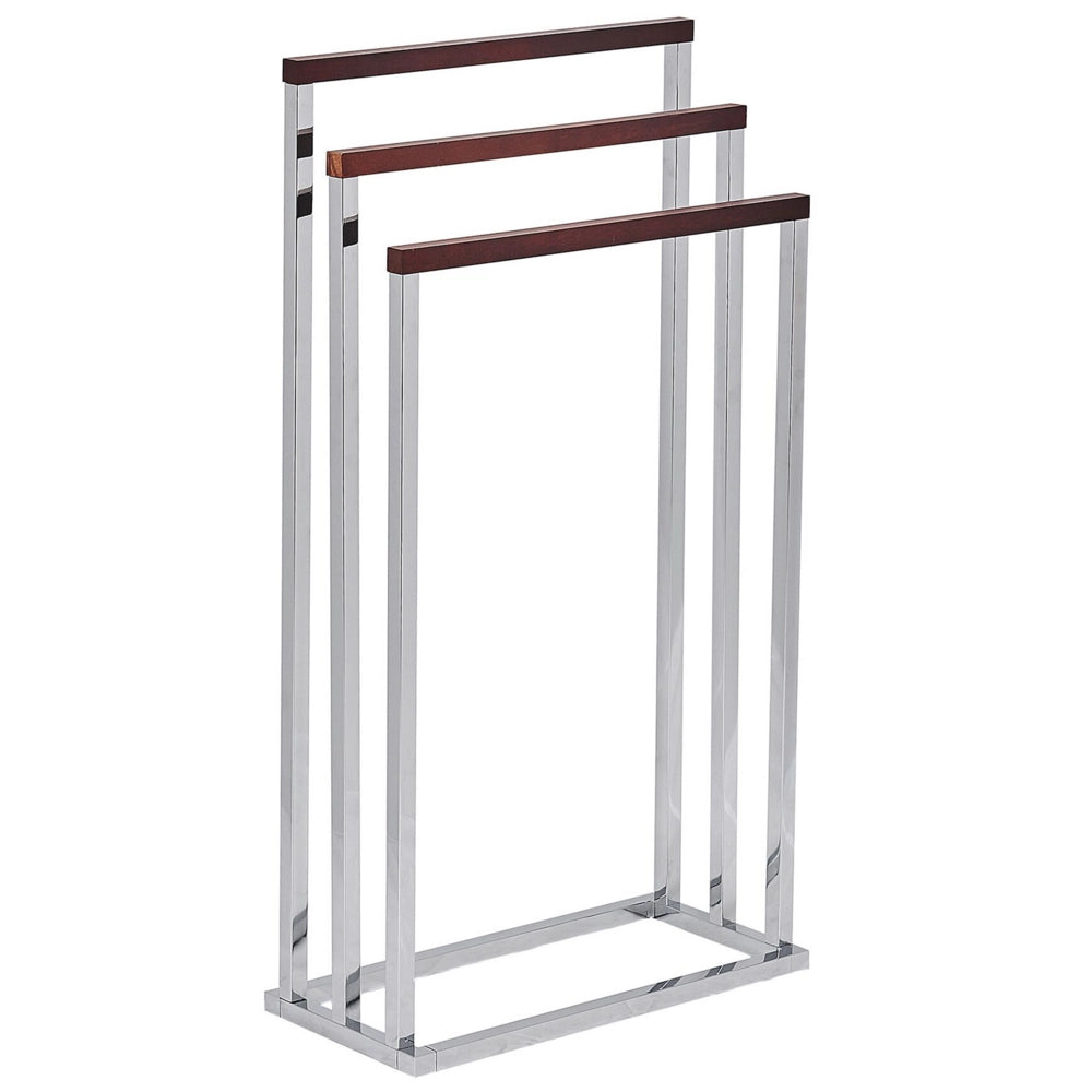 Porta Asciugamani Argento Lucido e Legno Scuro Acciaio 3 Binari Accessori Bagno Portasciugamani da Terra Design Moderno