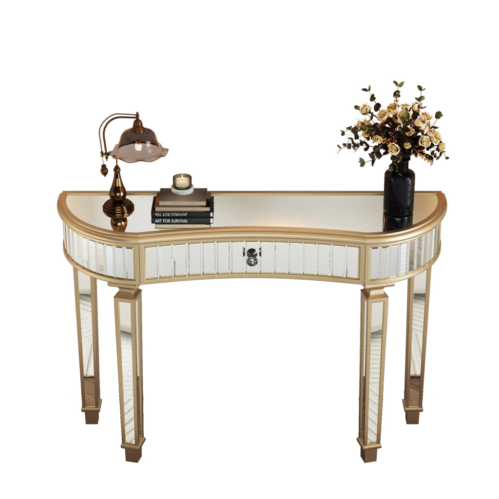 Consolle 120x38x78 cm con cassetto in MDF e vetro oro e argento