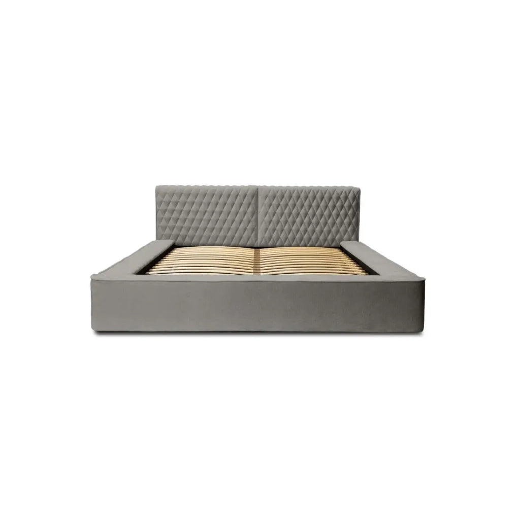 Letto contenitore VERNON – Tessuto ciniglia bouclé Cenere taupe – 140x200 cm – Rete sollevabile – Design di alta gamma