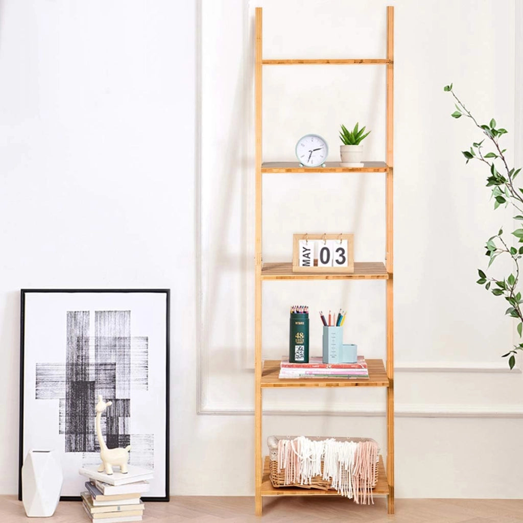 Scaffale a Scala con 5 Ripiani, Libreria Moderna in Bambù con Ripiani Aperti, Libreria a Parete Multiuso per Soggiorno Cucina Ufficio, 43x35,5x165 cm